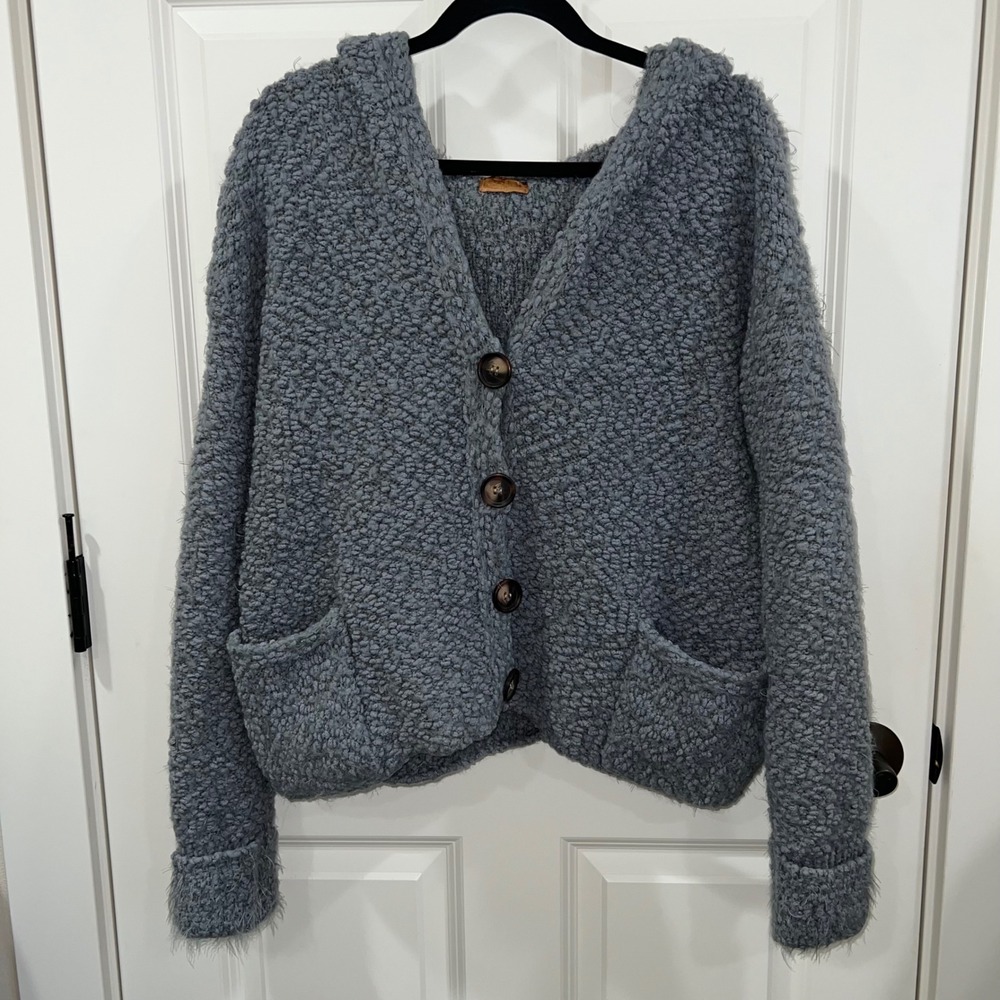 POL Chunky Boucle Knit Hooded Button Down Cardigan Sweater‎ Gray Size Small